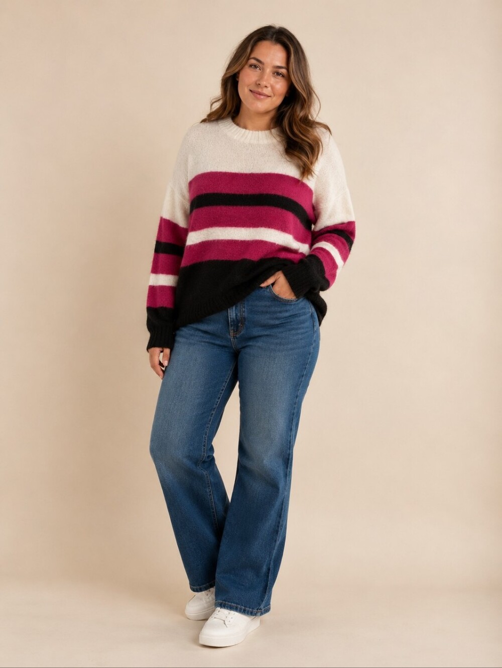 Cozy Striped Crewneck Sweater - Cream, Pink & Black